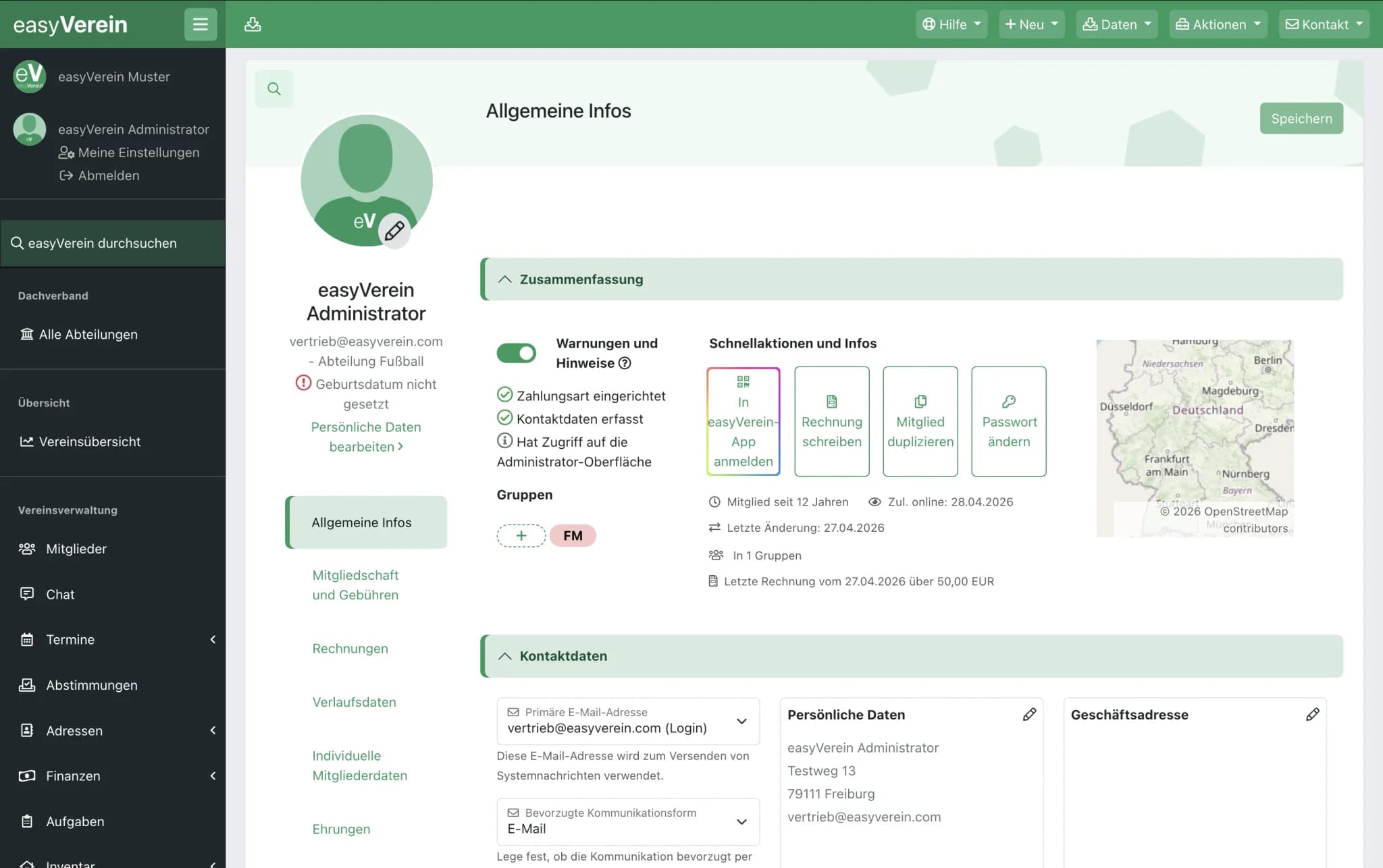 Mitgliederprofil in easyVerein mit dem Bereich „Individuelle Mitgliederdaten“